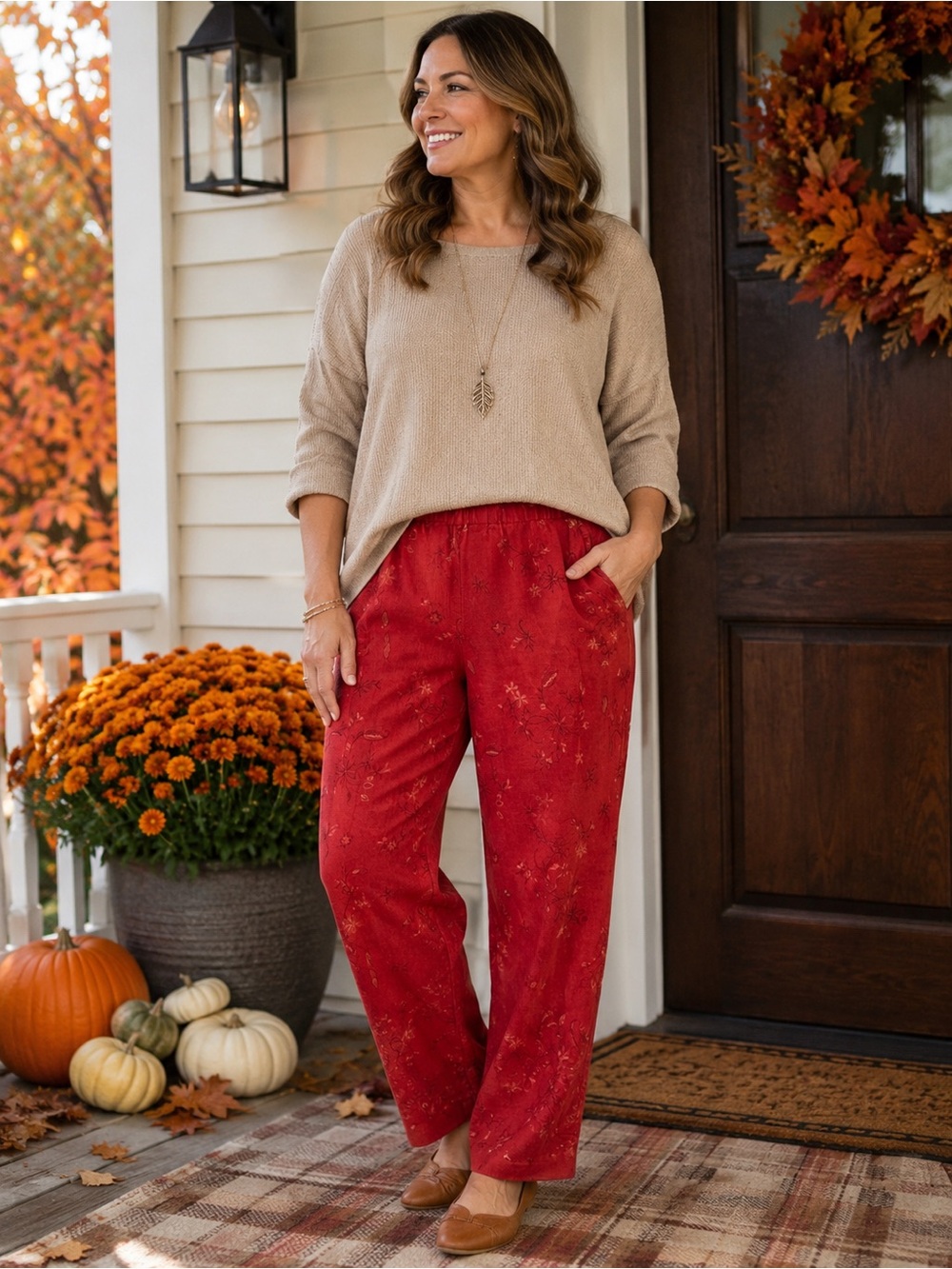 Coldwater Creek 1X Red Floral Linen Blend Pull On Pants Cottagecore Fall